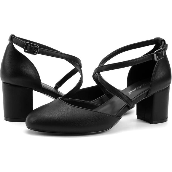 Women's Black Faux Suede Round Toe Cross Strap Low Block Heeled Dress Pumps - Picture 6 of 6